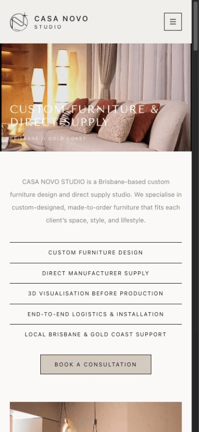 Mobile screenshot of the live Casa Novo Studio website