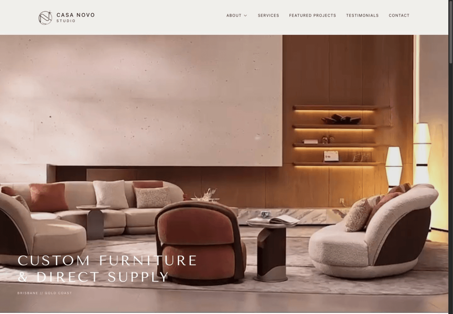 The live Casa Novo Studio website showcasing its custom furniture and interior design services