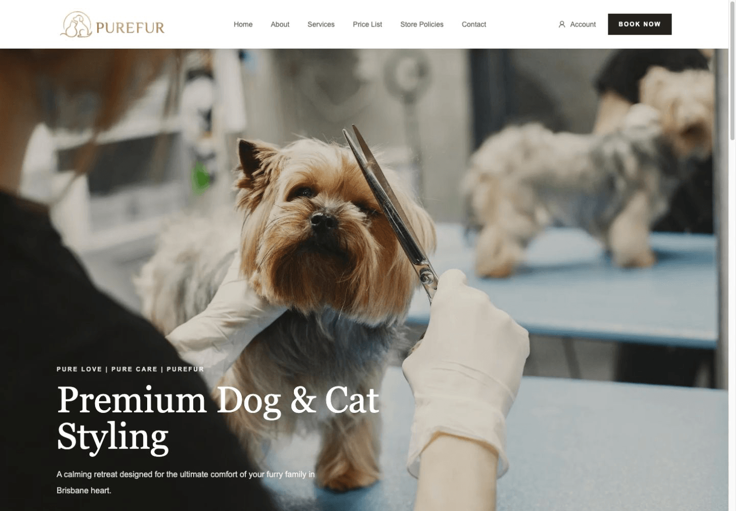 The live Purefur Pet Spa website with dog and cat grooming services and booking information