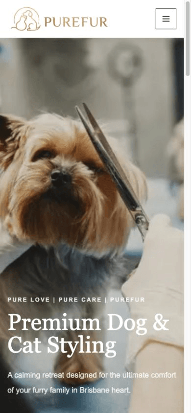 Mobile screenshot of the live Purefur Pet Spa website